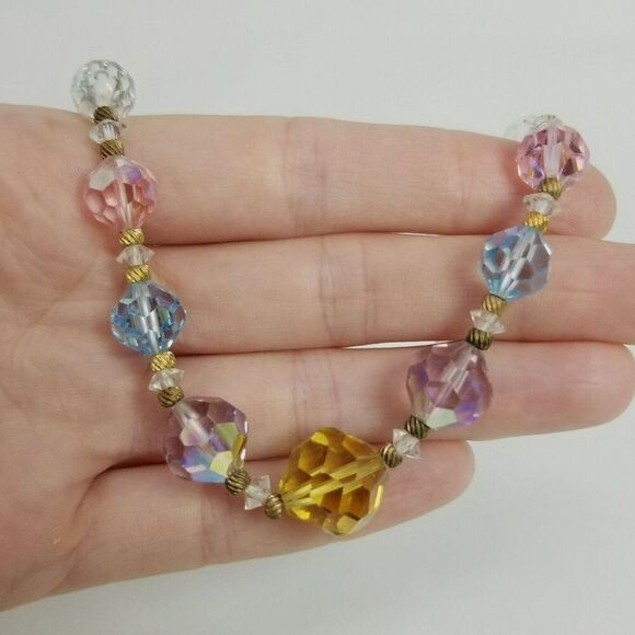 Vintage Colorful Glass Beaded Necklace, Pastel Rainbow Faceted Beads, 14 Inches - Picture 4 of 8